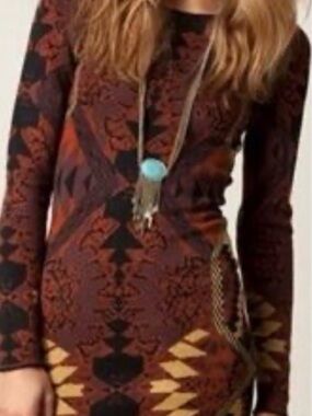 Huntress of the Moon Long Sleeve Boho Print Bodycon Dress in Rust and Black